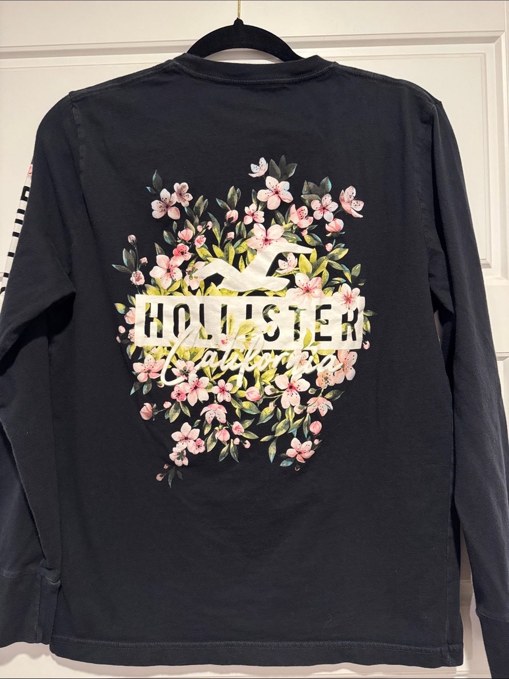 Hollister Black Long-Sleeve Tee with Floral Sleeve Accent